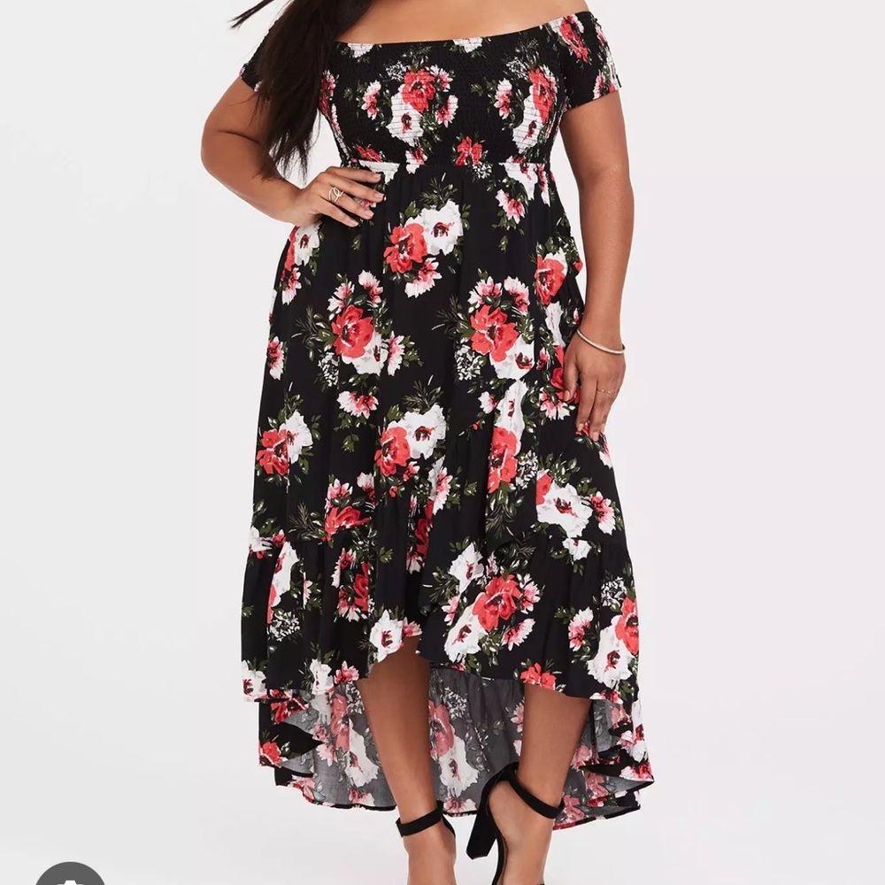 Torrid Red and Black Asymmetrical Sundress with Puff Sleeves